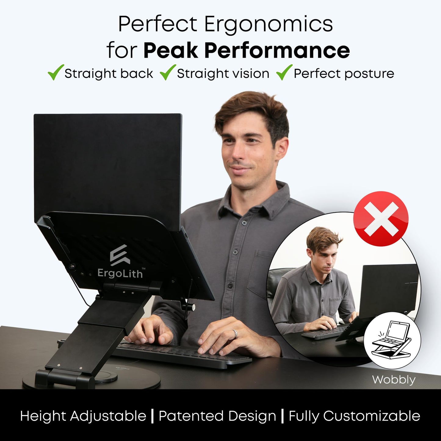 ErgoLith 3-in-1 Adjustable Laptop Stand, Book Stand, and Phone Holder - 360° Rotating Display for All Laptops - 2–21" Height for Ergonomics - Office Desk Accessories - Stylish - Patented - Sky Black