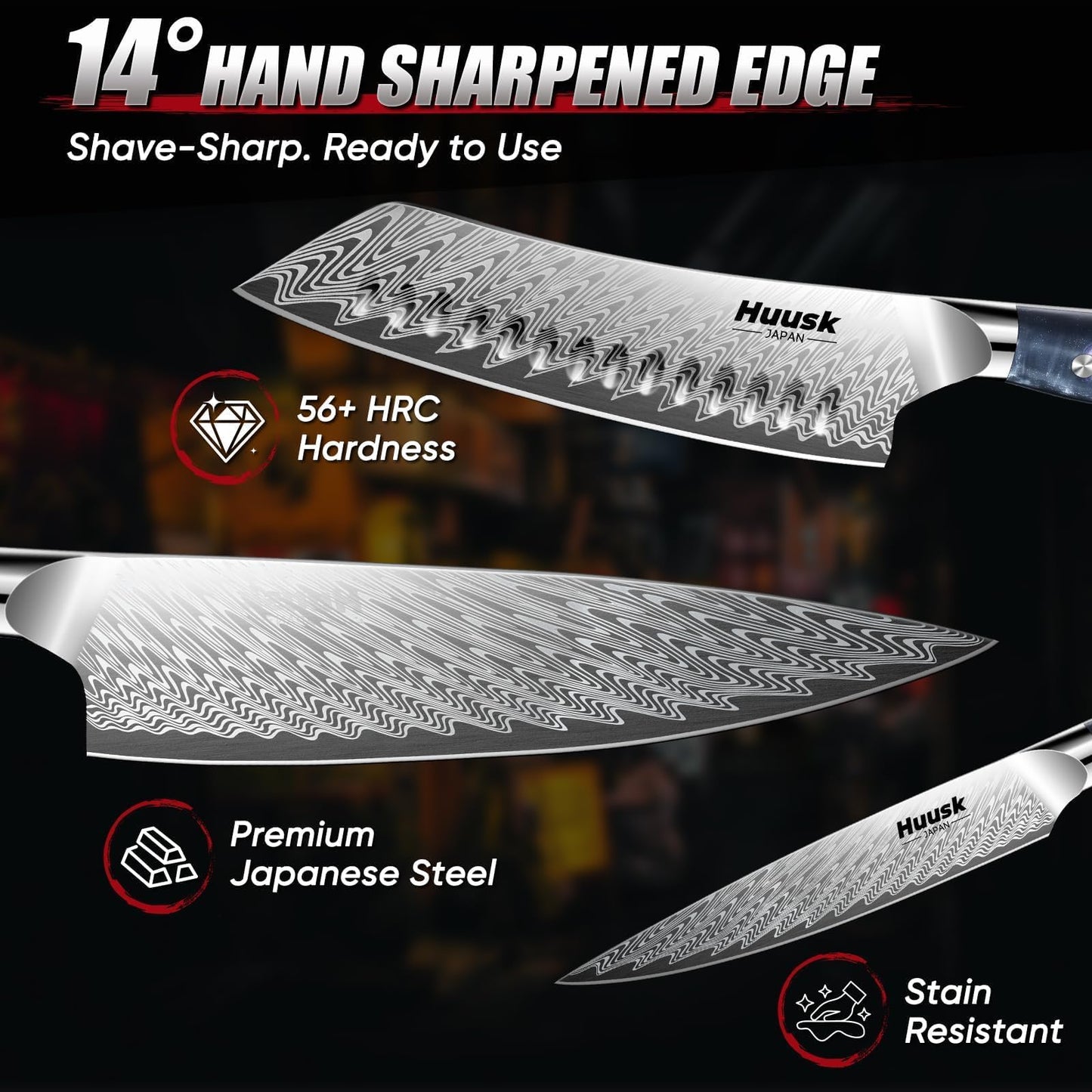 Huusk Japanese Knife Set 3 PCS - Stainless Chef Knife Set with Sheath & Ergonomic Resin Handle, Hand Sharpened Full Tang Professional Kitchen Knives for All Purpose, Gifts Idea for Men Women