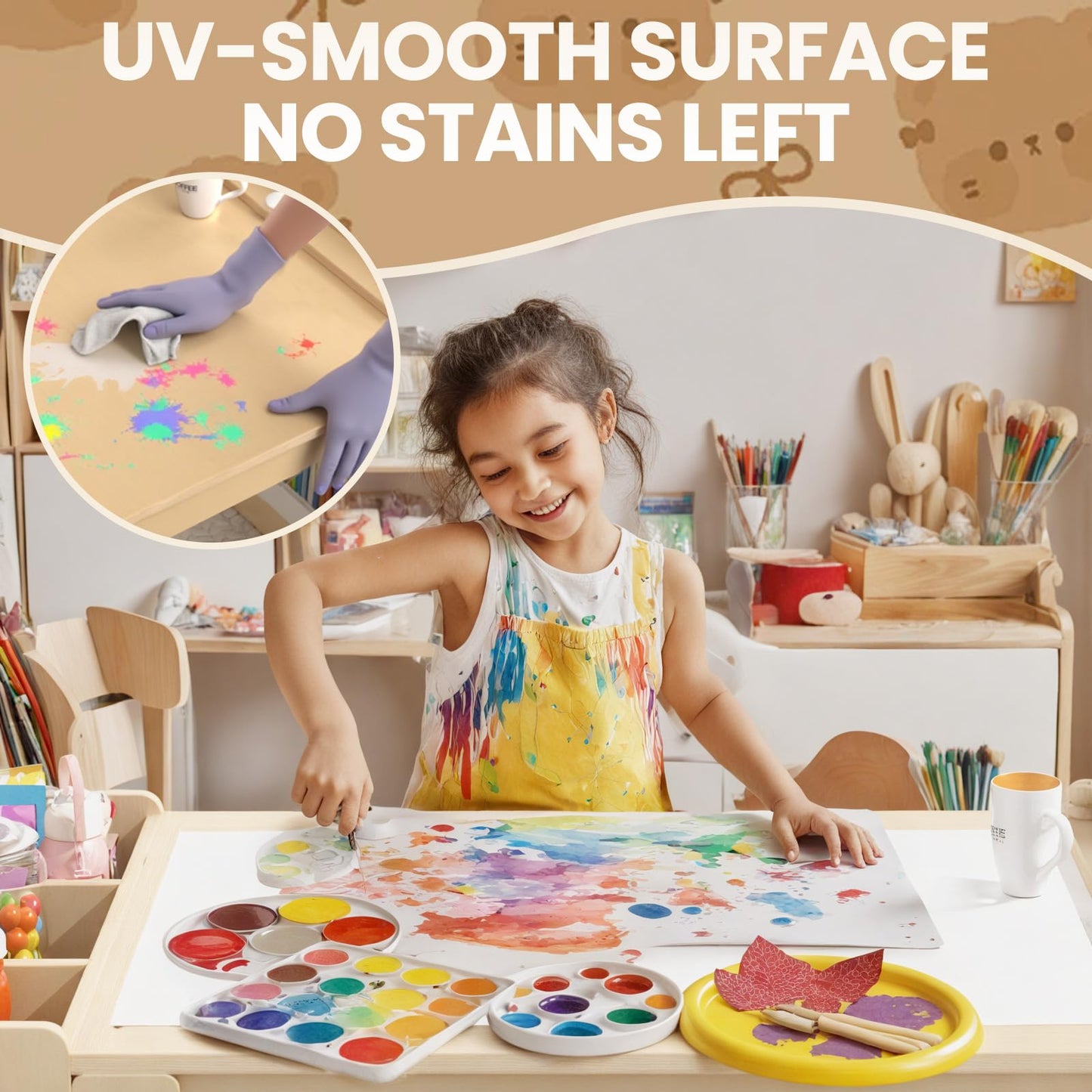 Kids Art Table and Chair Set, Kids Craft Table with Storage, Toddler Activity Play Desk with 2 Chairs, Wood Art Craft Play Desk with Paper Roller for Writing, Drawing, Learning and Reading