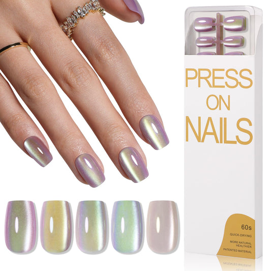 CUZIAM 150pcs Cat Eye Press on Nails Short Square, 5 Color Glitter Shimmer Chameleon Magnetic Gel Spring Summer Fake Nails Set for Women, Glossy Reusable Full Cover Stick On Nails in 15 Sizes