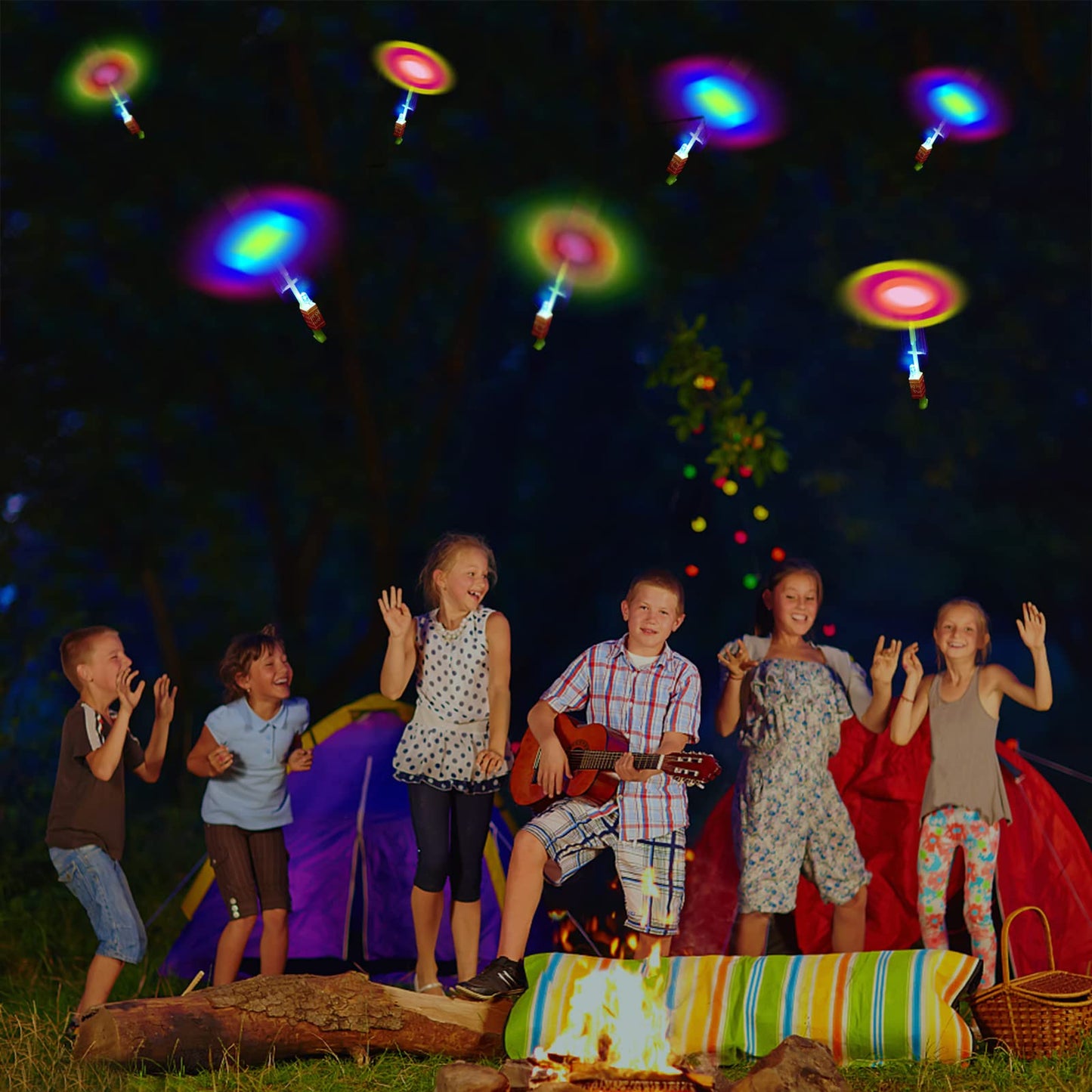 WELLVO 30 Pack Rocket Helicopter with LED Lights 30 Launchers + 30 Glow Rocket Helicopters Glow in The Dark Party Supplies Flying Outdoor Toys Party Favors for Kids 8-12,4-8