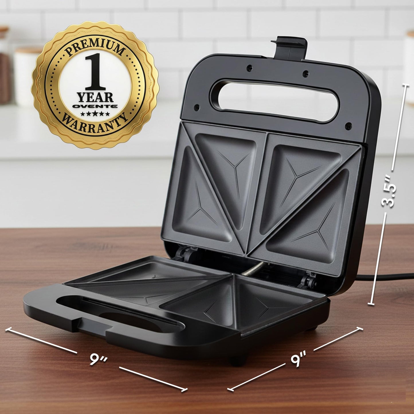 OVENTE Electric Sandwich Maker with Non-Stick Plates, Indicator Lights, Cool Touch Handle, Easy to Clean and Store, Perfect for Cooking Breakfast, Grilled Cheese, Tuna Melts and Snacks, Black GPS401B
