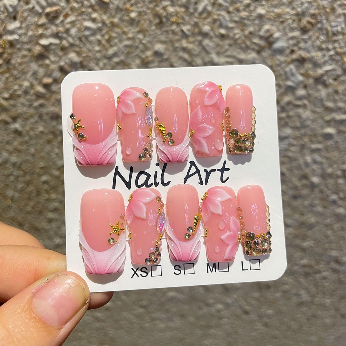 Threelegscat Pink French Tip Handmade Medium Square Press on Nails, Acrylic Fake Nails Salon Quality, 10 PCS with 3D Gold Rhinestone & Flower, Size M for Women, Party, Daily, Wedding