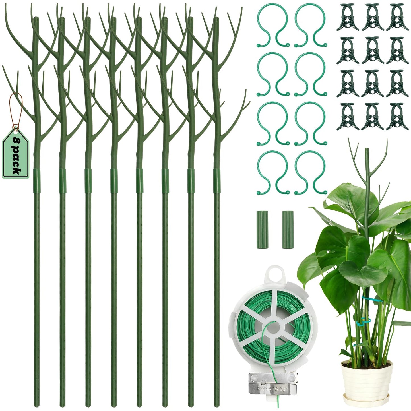Linyona 16 Pack Stackable Monstera Plant Support, 27.5 Inch Climbing Plants Support Structures for Indoor Outdoor Plants, 20 Orchid Clips & 16 Twist Clips & 65.5ft Twist Ties