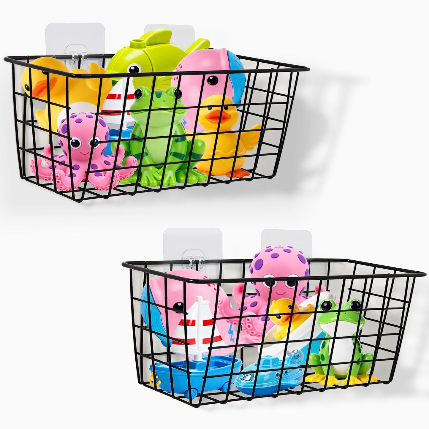 Hanging Bath Toy Storage Basket - 2 Pack Metal Bath Toy Holder with Hooks - Bathtub Toy Storage Organizer for Baby Bath Kids Shower Bathroom