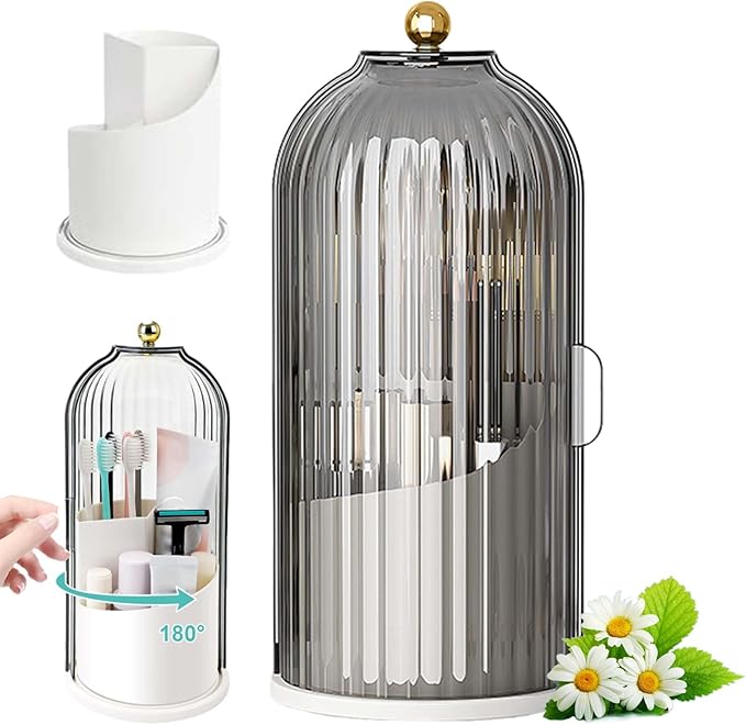 Sliding Lid Toothbrush Organizer, Toothbrush Holders with Sliding Lid, 360° Rotating Dustproof Concealed Toothbrush Holder, 3-Slot Varying Heights, Ideal for Bathroom, Makeup & Travel (Black)