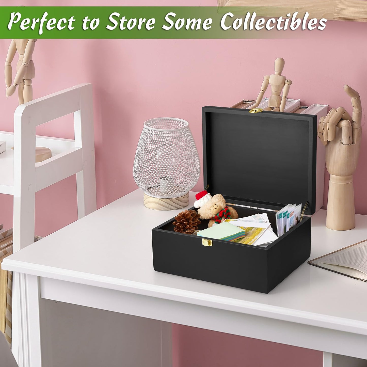 DRASTAR Large Wooden Keepsake Box, Black Memory Box, Decorative Storage Box with Hinged Lid, Large Card Box