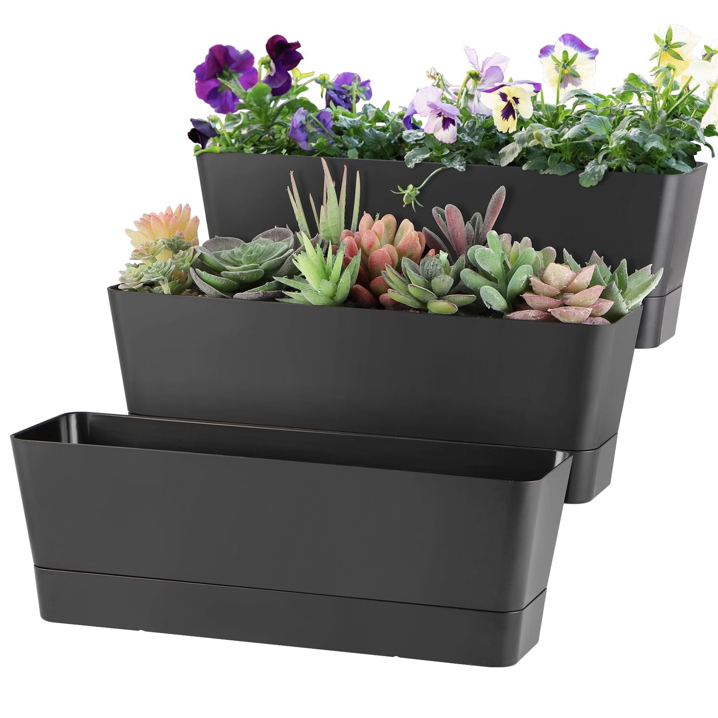 Sanbege Window Box Planter with Tray, 12" Rectangle Plant Pot, Pack of 3 (Black)