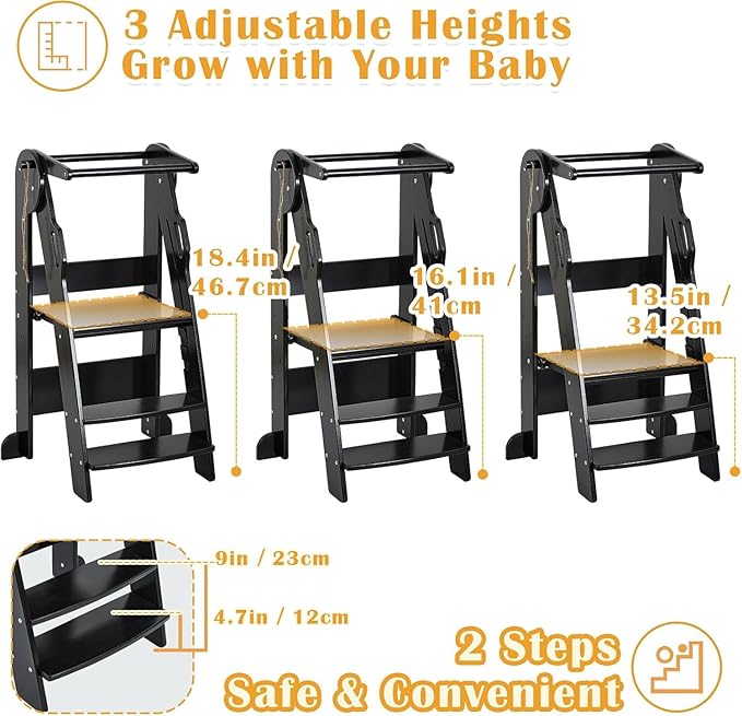 FUNLIO Foldable Kitchen Step Stool for Kids 2-6 Years, Montessori Step Stool, 3-Level Height Adjustable Standing Tower, Easy to Assemble, CPC & CE,Black