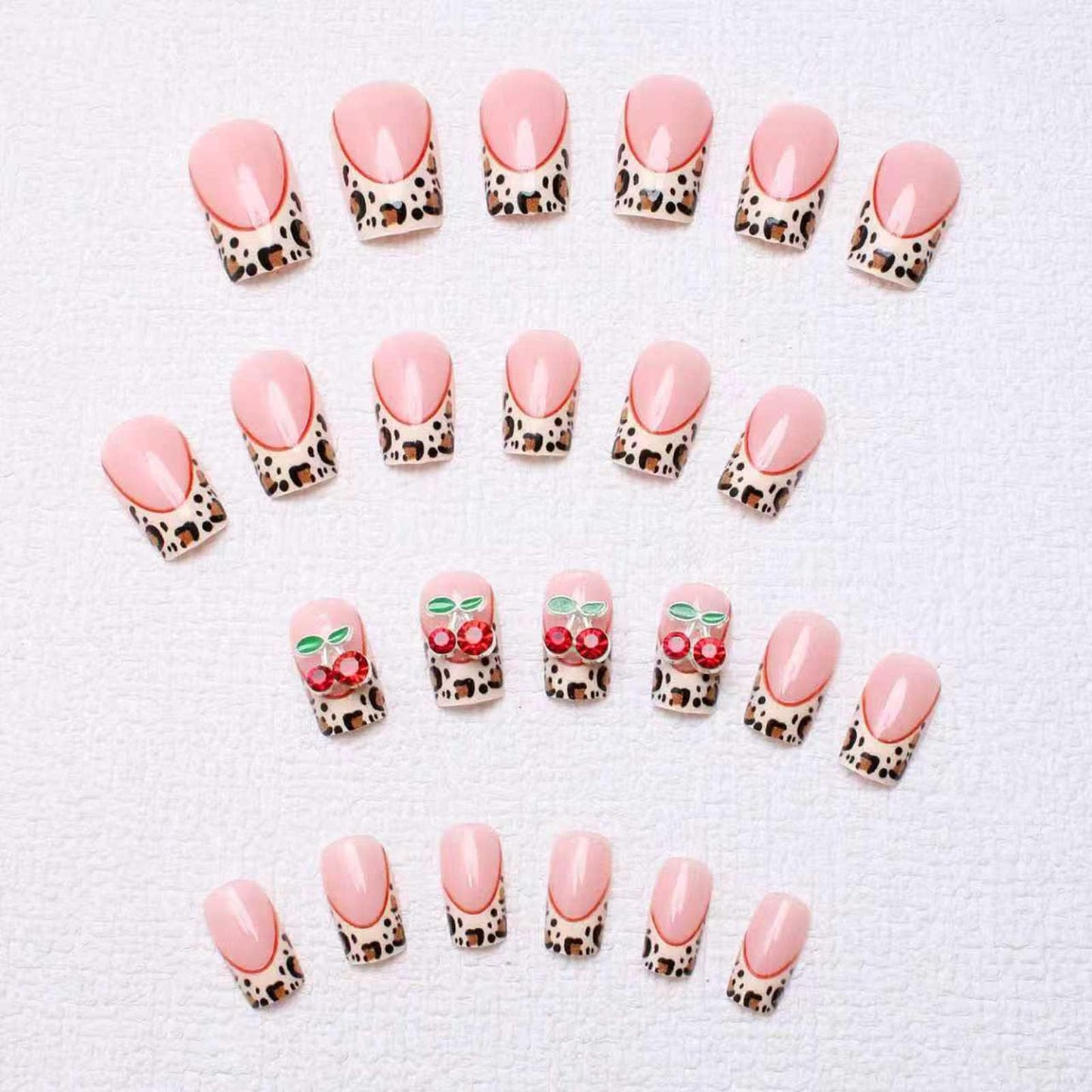 French Tip Press on Nails Square Medium Fake Nails with 3D Cherry Leopard Print Designs Glossy Glue on Nails Nude Full Cover Nails Press ons Fall Acrylic Artificial Stick on Nails for Women 24Pcs