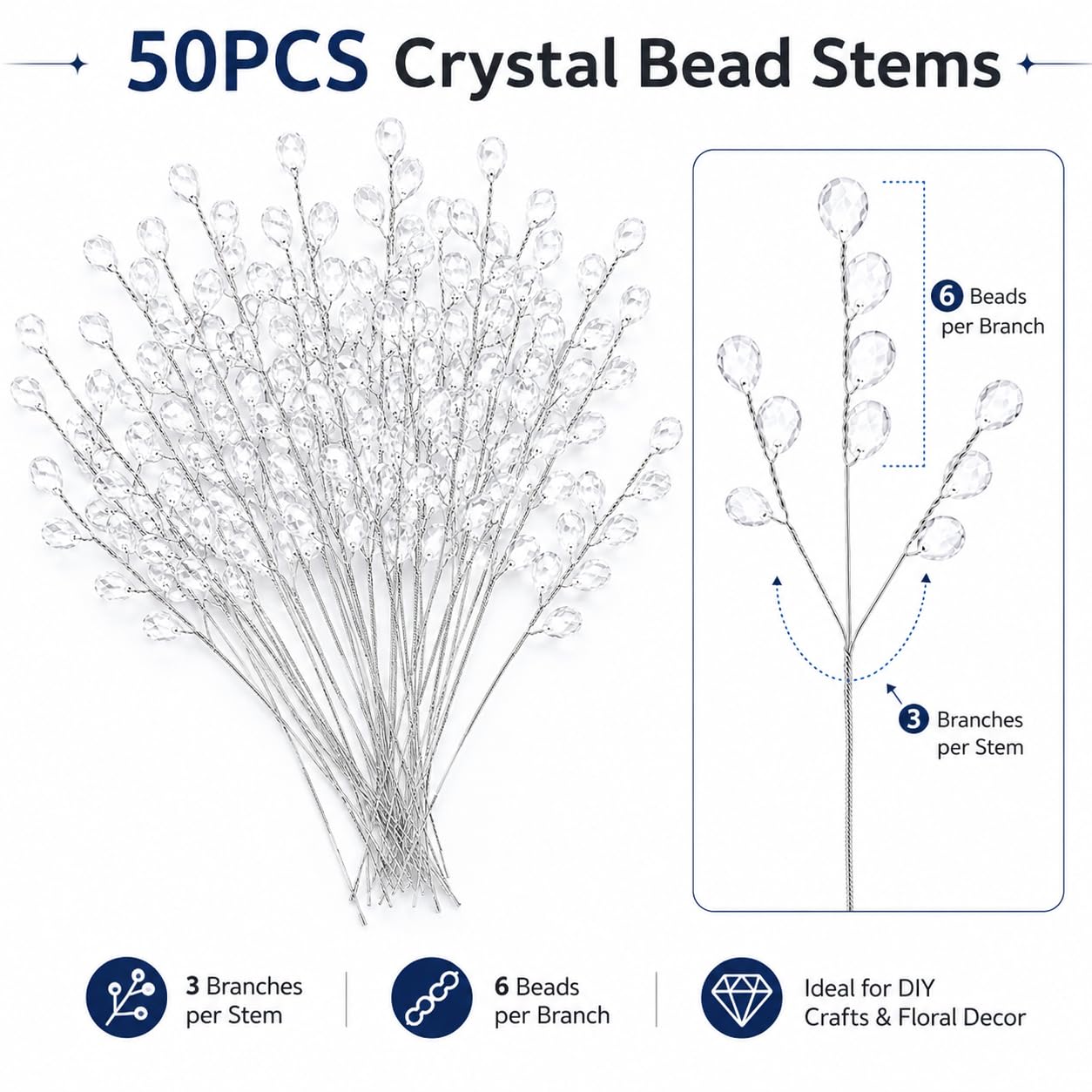 IMIKEYA 50PCS Acrylic Bead Drop Stems Crystal Floral Picks - Clear Crystal Flower Branches Bead Drop Bouquets Flower Twig Picks for Wedding Party Home Decoration Crafts