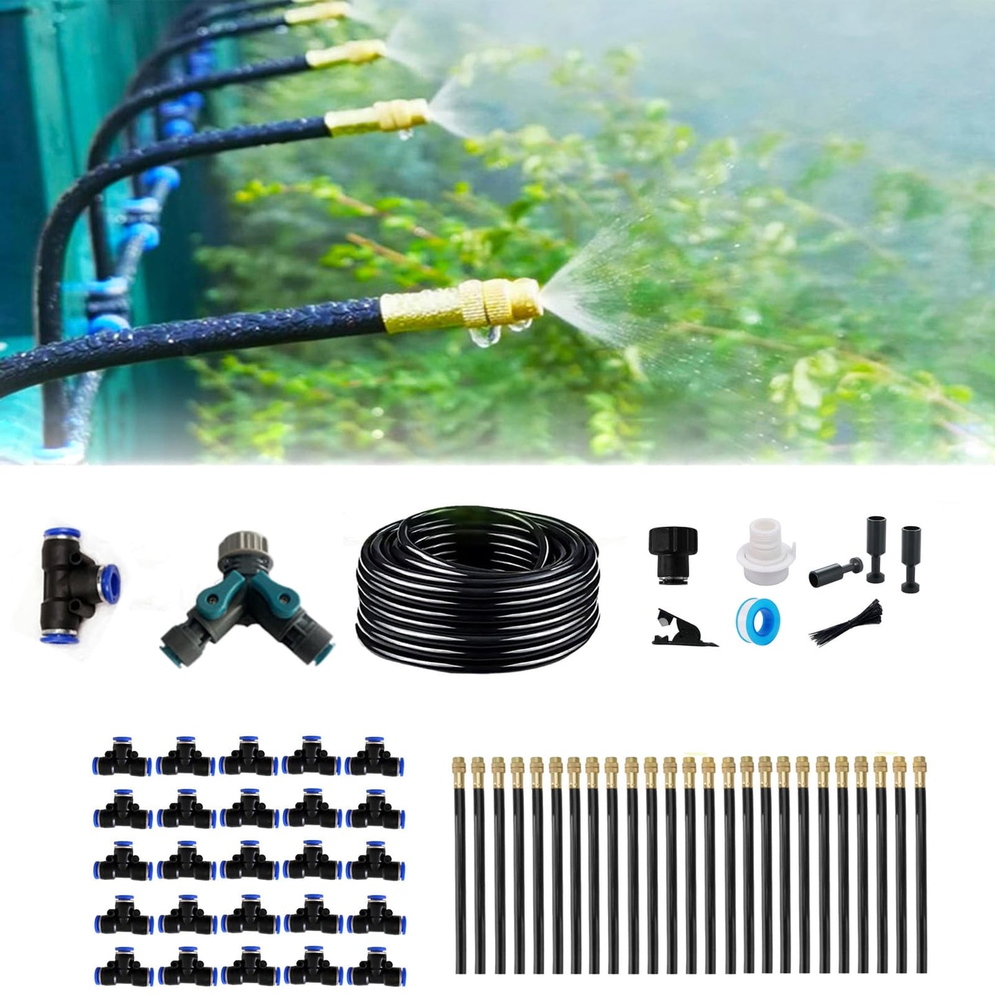 New drip Irrigation kit, Automatic Garden Watering System, Quick Connector and 360-degree Bending Dropper atomizing Copper Nozzle, Garden Plant Lawn Courtyard Watering System. (100FT)