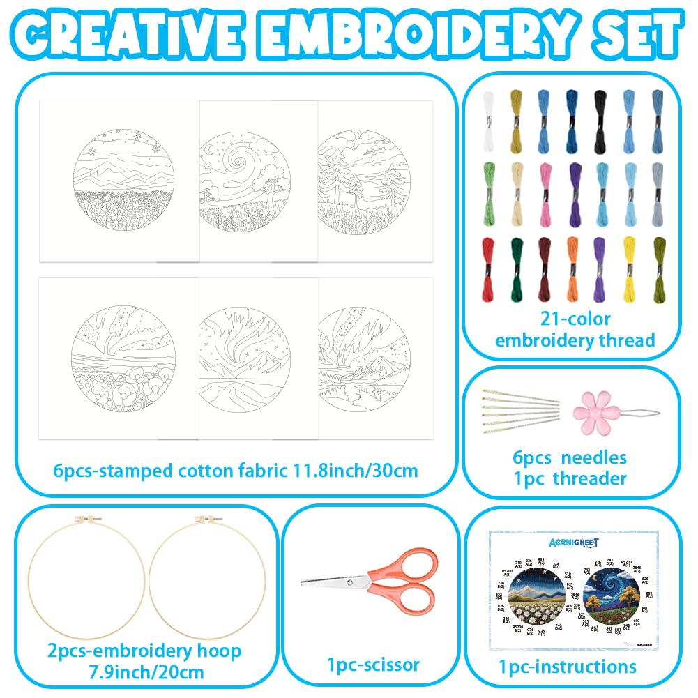 ACRNIGHEET 6Pcs Embroidery Kit for Beginners Adults, Complete Cross Stitch Kits, Landscape Embroidery Kit for Home Decor and DIY Craft Projects, Great Gift for Embroidery Lovers