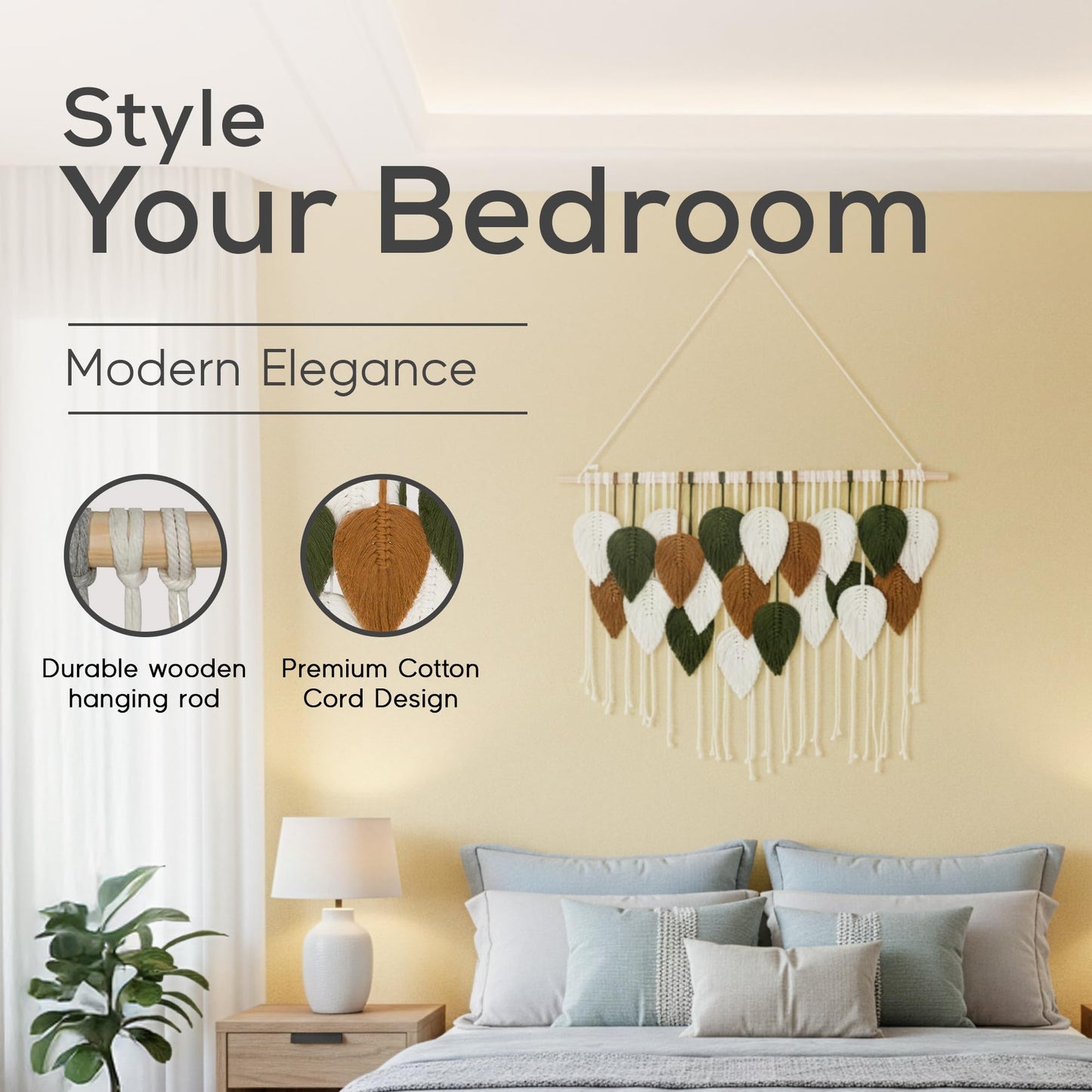 Large Macrame Wall Hanging Decor – Handmade Cotton Cord Boho Room Decor for Bedroom, Nursery, Office – 39” W x 29.5” L (Green, Brown, White)