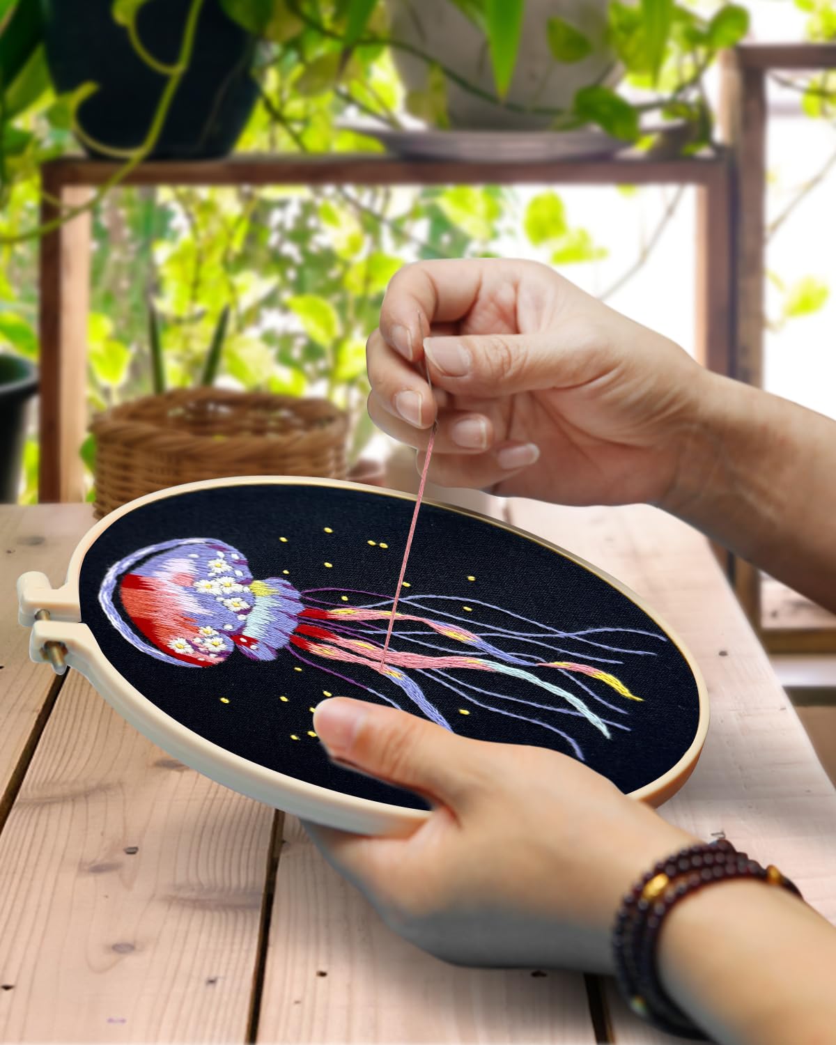 TINDTOP Embroidery Kit for Adults, 5 Sets Jellyfish Embroidery Kit for Beginners Include Embroidery Cloth Hoops Threads for Craft Lover Hand Stitch with Embroidery Skill Techniques