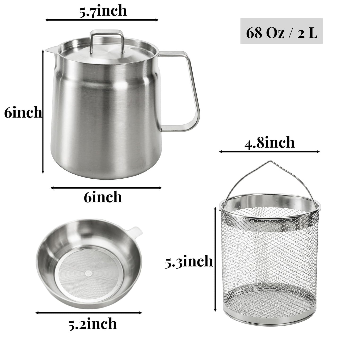 ZAVOOS 304 Stainless Steel Oil Filter Pot, 68 Oz Deep Fryer Pot with Strainer Basket, Versatile Large Capacity Bacon Grease Container Cooking Oil Saver for Kitchen, Restaurant, Camping
