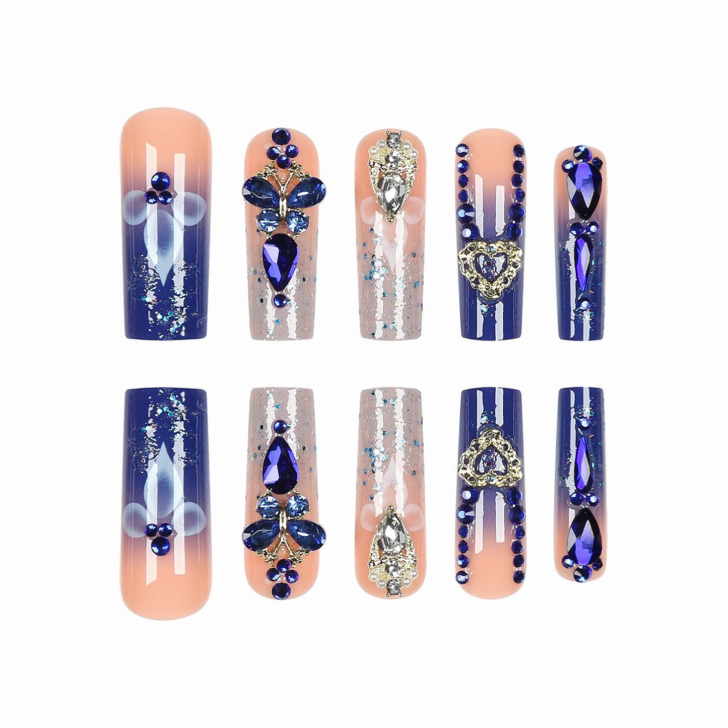 MISUD Press on Nails - Long Square Fake Nails with Royal Blue, Acrylic Bling Glitter Rhinestone Design 24 pcs
