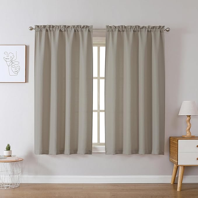 Chyhomenyc Stone Beige Curtains 45 Inch Length 2 Panels, Faux Linen Textured Semi Sheer Light Filtering Soft Airy Rod Pocket Window Treatment Drapes for Living Room Bedroom, Each 30" Wx45 L