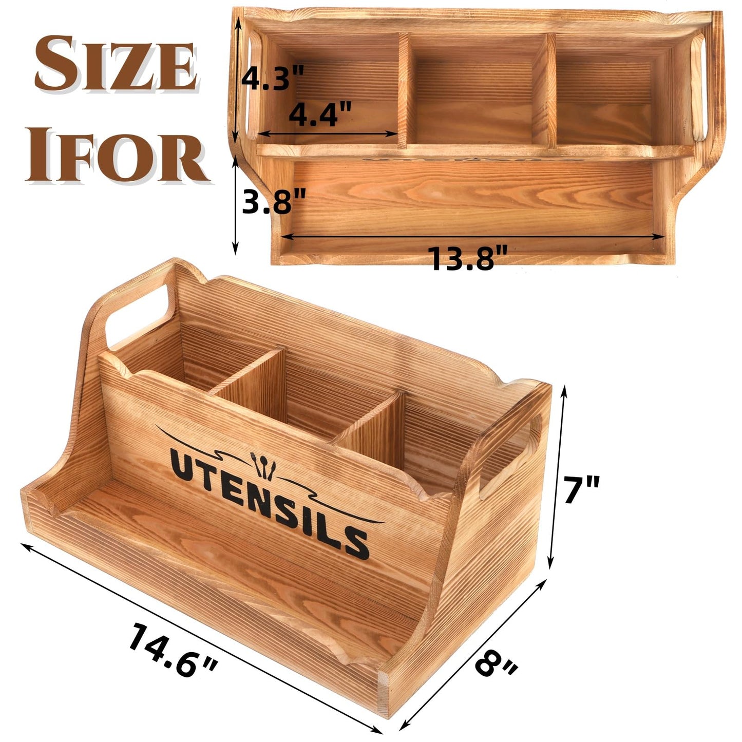 Noamus 15" Kitchen Utensil Holder with Spice Bottles Tray, Extra Large Wood Countertop Utensil Organizer with Handles, 4 Compartment Cooking Tool Storage Caddy for Home Decor Gift