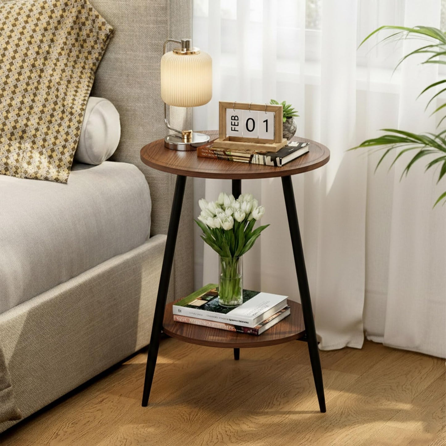 ShellKingdom Small Round Side Table, 2 Tier Wood End Table for Indoor Outdoor Bedroom Living Room Home Office Nightstand with Metal Frame (Walnut)