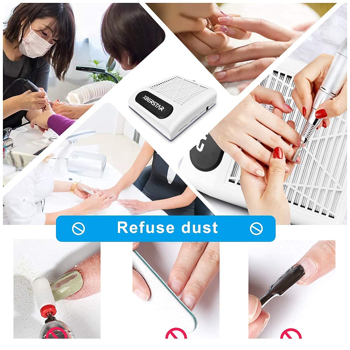XBERSTAR Nail Dust Collector,80W Electric Powerful Vacuum Cleaner for Acrylic Gel Nails,Manicure recolector de polvo para uñas