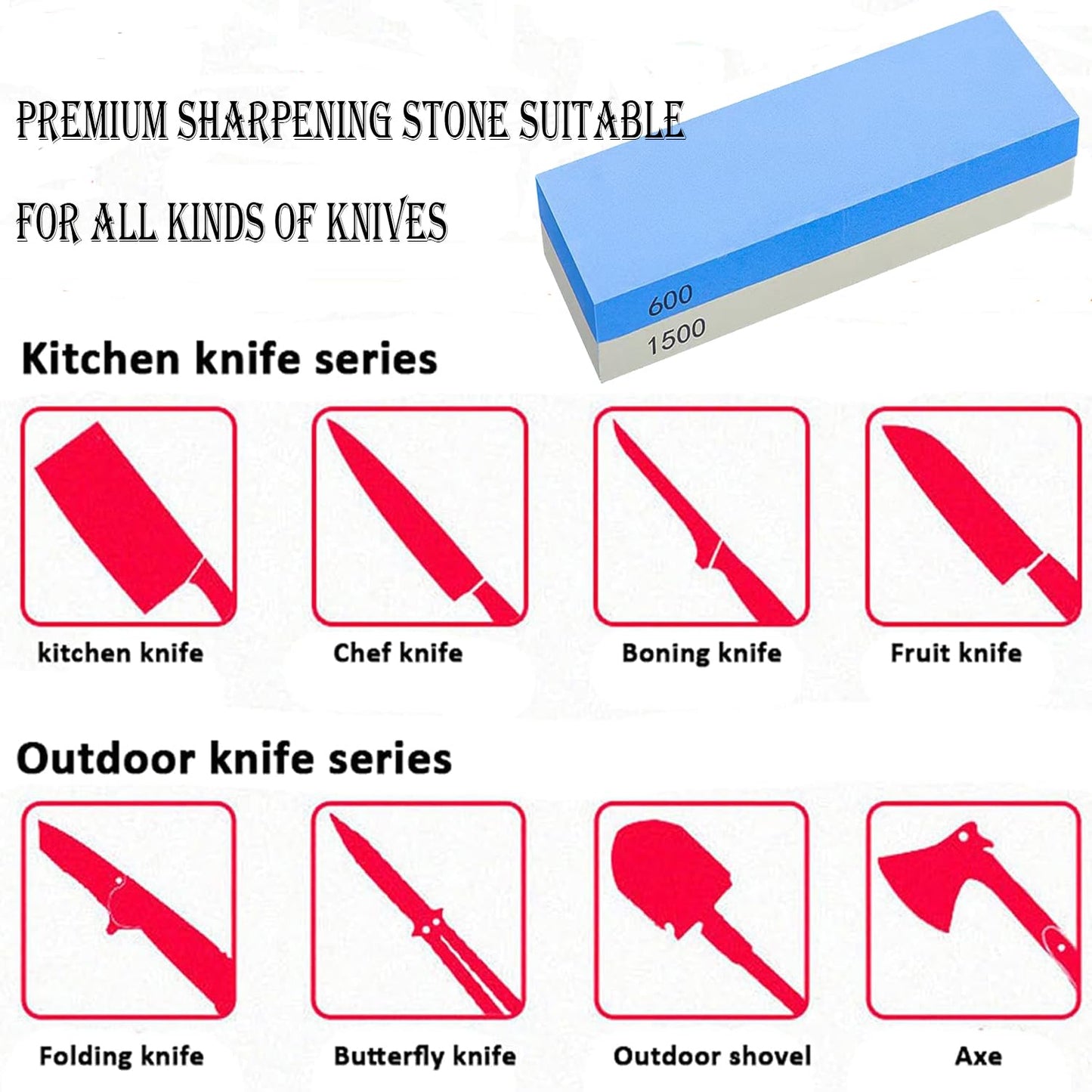 Knife Sharpening Wet Stone Dual Sided 600/1500 Grit Blue & Yellow Whetstone Sharpening Stone with Non-Slip Rubber Base for Kitchen, Hunting, and Pocket Knives or Blades 600/1500Mesh