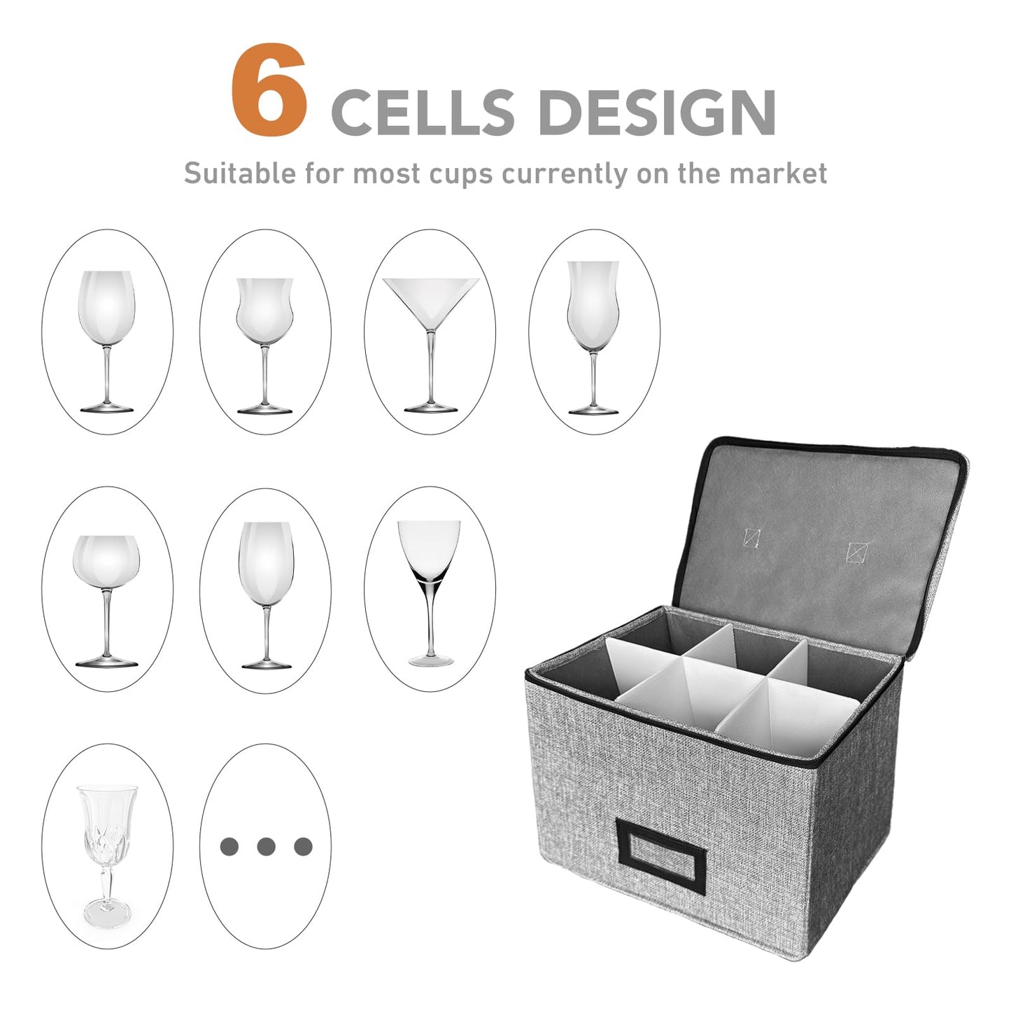 HURZMORO Wine Glass Storage Box with Dividers, Holds 6 Red or White Wine Glasses, Hard Top and Sides,6 Compartment Stemware Storage Container, Grey