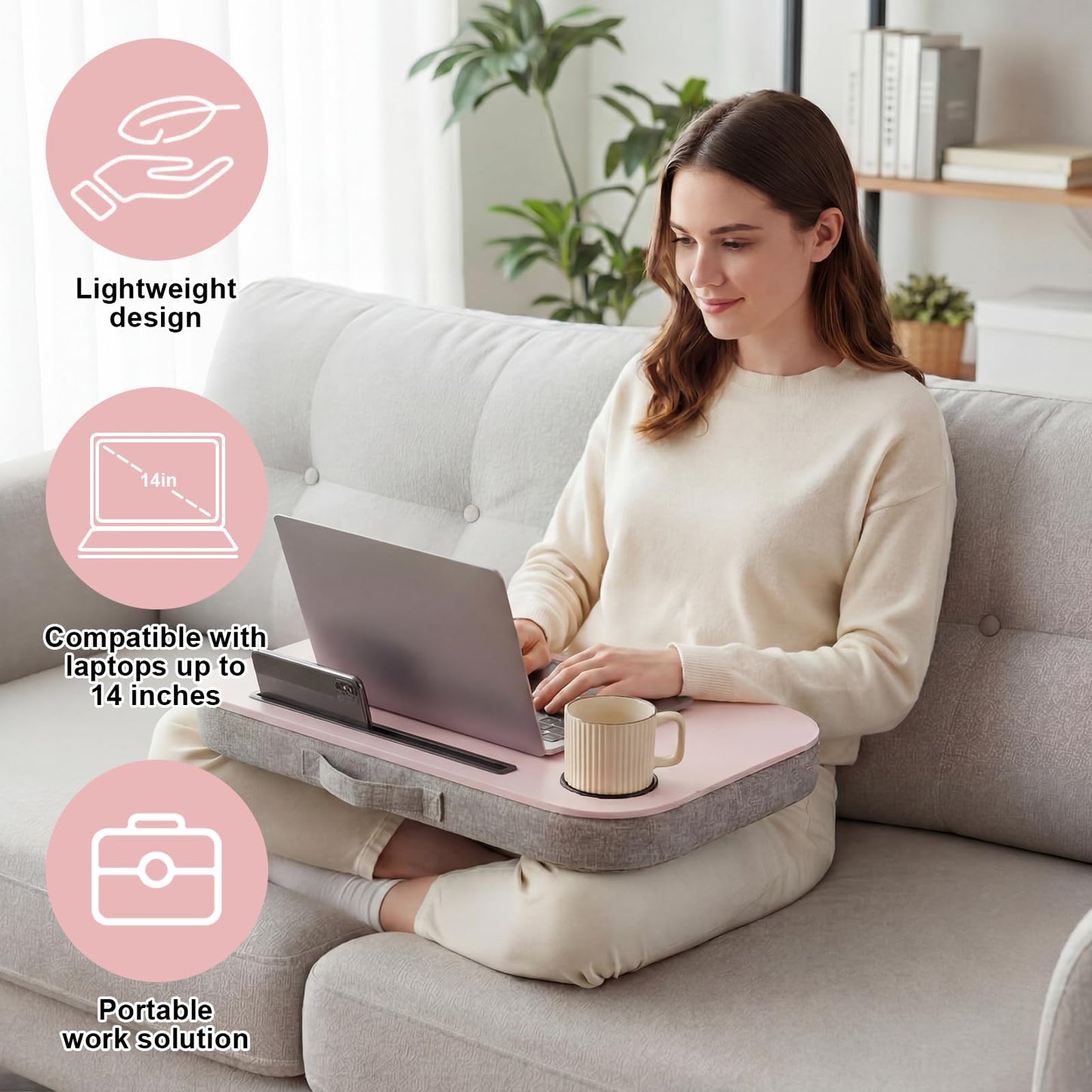 Lewtemi Pink Laptop Lap Desk with Cup Holder and Stopper Padded Phone Holder Couch Bed Sofa Fits up to 15.6 Inch Cushion Portable Lap Desk for Home Office Study Writing