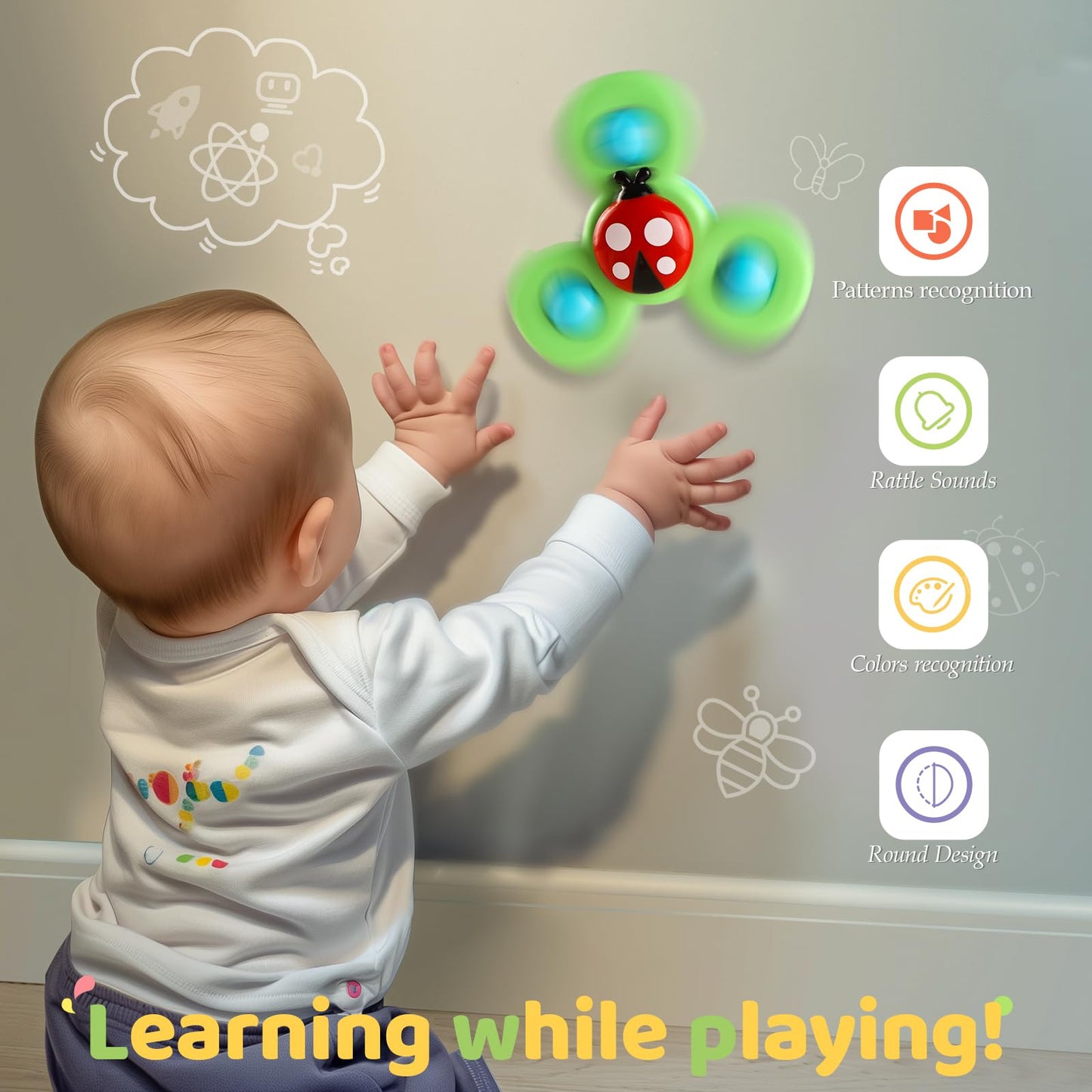 ALASOU 6 PCS Suction Cup Rotating Toys(3 Farm+3 Bee) for Infant and Toddlers