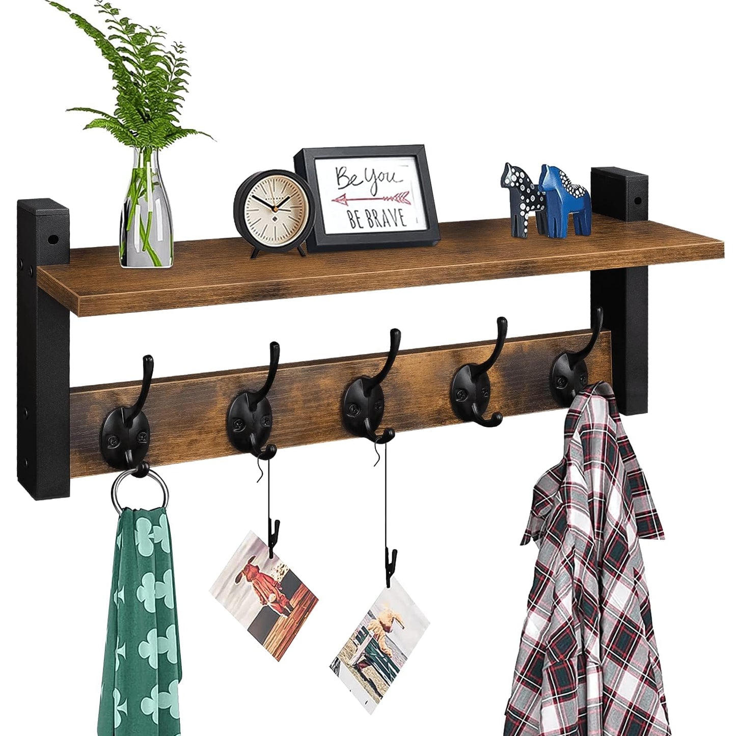 Homode Wall Hooks with Shelf, Wood Coat Rack with Shelf Wall-Mounted, Entryway Hanging Shelves with 5 Metal Hooks for Clothes Hats Towel Purse Robes, Bathroom Mudroom Bedroom, Rustic Brown Black