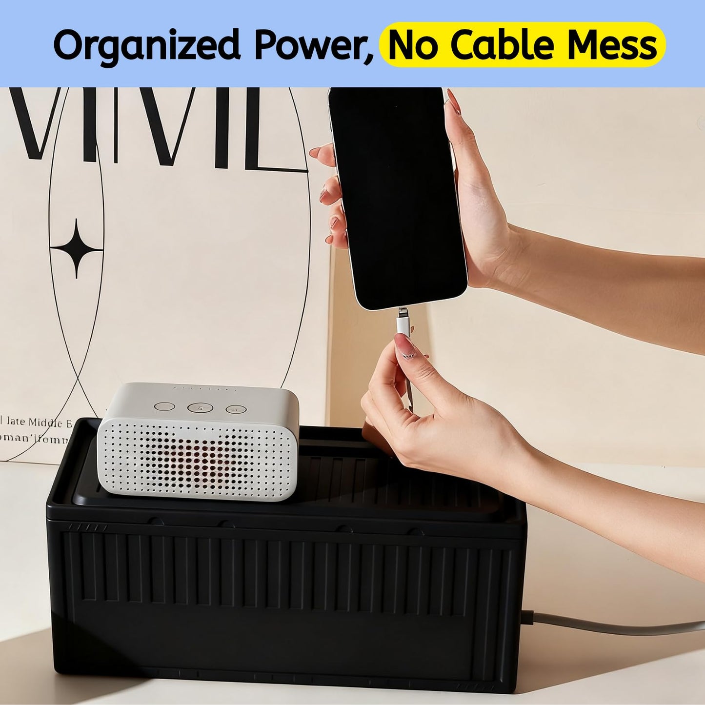 Cable Box - [142Pcs] Cable Management Kit, Medium Cord Hider Box to Conceal Power Strip Holder on Desk or Floor, Under Desk Cable Management Kit Cable Organizer Box, TV Cord Organizer Box, Black