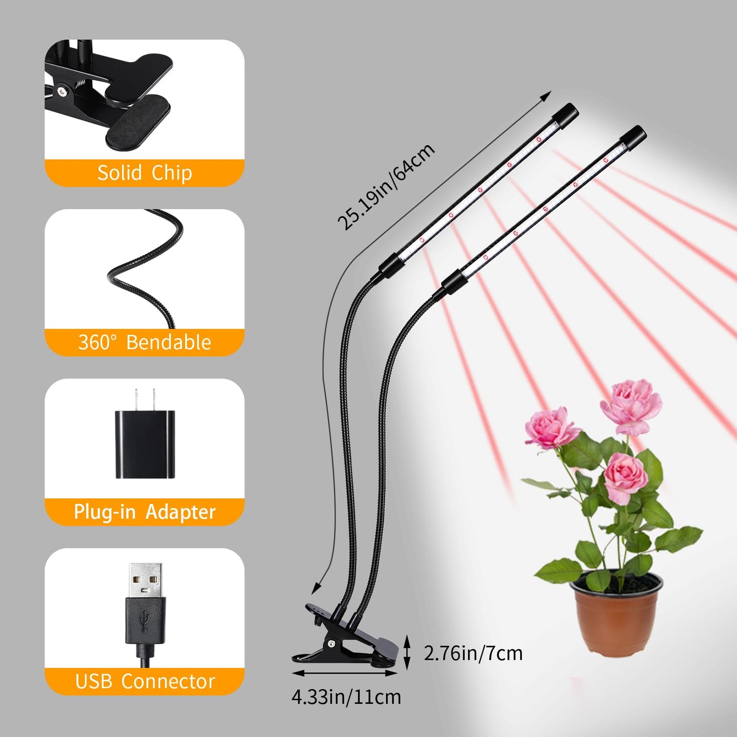 Black Grow Lights for Indoor Plants, 168 LEDs Clip Plant Lights, Full Spectrum LED Plant Growing Lamps with Flexible Gooseneck 4/8/12/18H Timer, 3 Spectral Modes, 10 Dimmable Levels, 2Head x 2 Pack