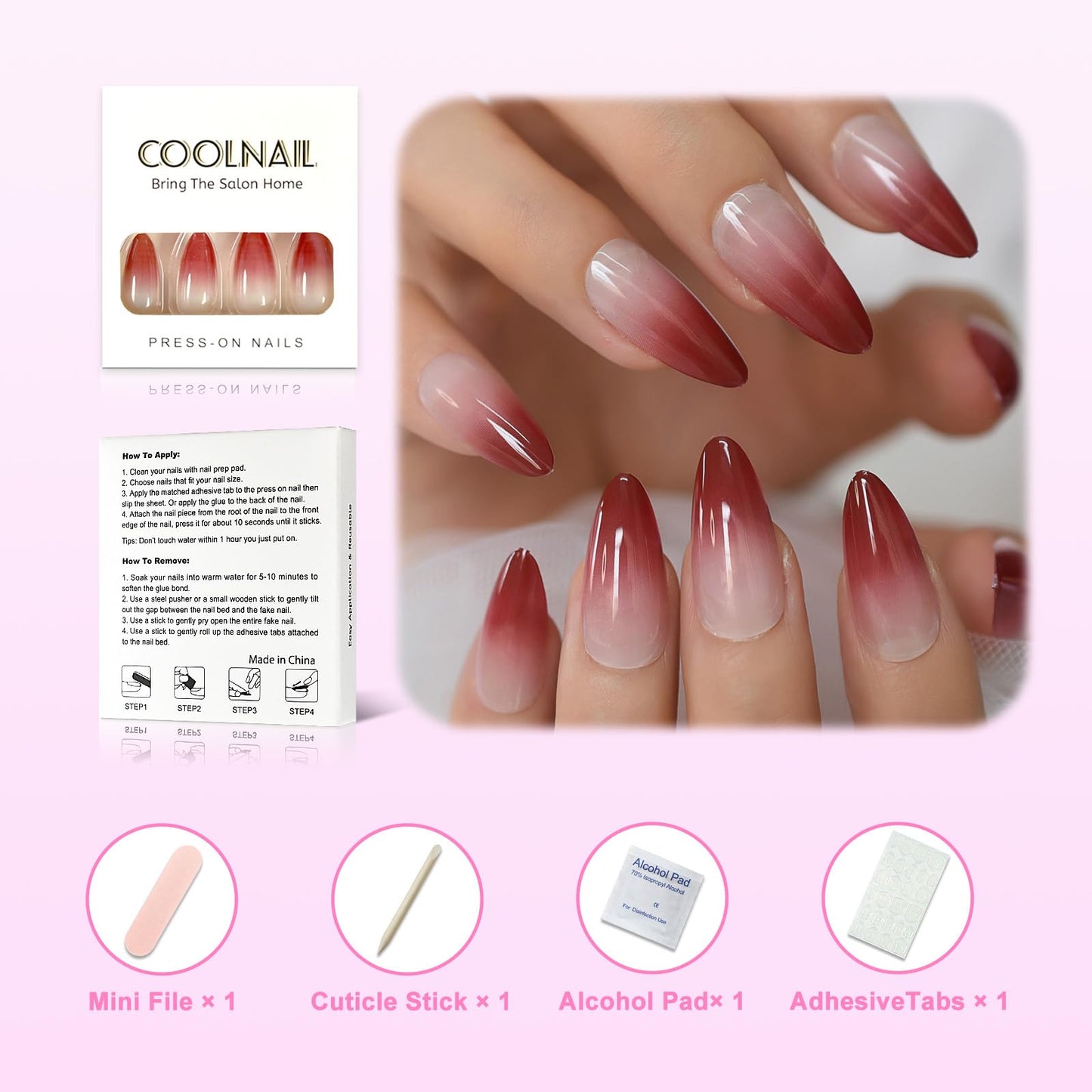 Coolnail Red Ombre Press on Nails Gradient UV Finish Design Medium Long Almond Shape False Fake Nail Pointed Reusable Nail Kit for Women