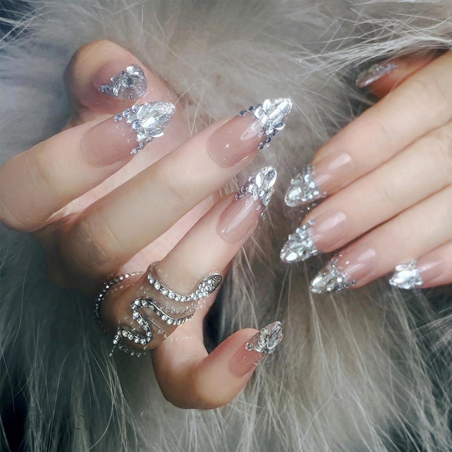 IMRAIN Medium Almond Silver Glitter French Tips False Nails with Rhinestone Designs - Glossy Full Cover Glue on Artificial Stiletto Nude Nails for Women Girls - 24 Pcs