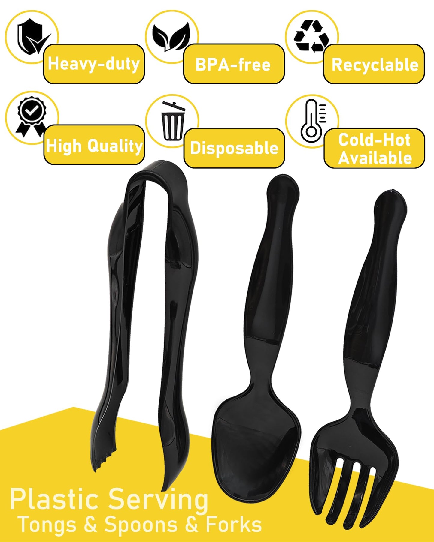 Plastic Serving Utensils 36PCS, Disposable Serving Utensils for Buffets Events Parties - 12 Sets of Heavy Duty Plastic Serving Spoons, Forks, Tongs for Wedding/Birthday/Catering Events (Black)