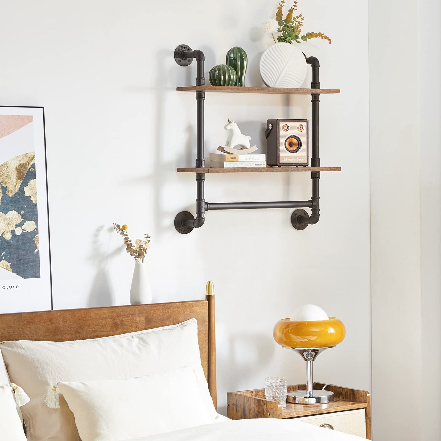 YMYNY Industrial Pipe Shelf Bracket, 2 Tiers Retro Wall Mounted Floating Shelf, Wood Look DIY Storage Shelving Bookshelf, UHRF-TM014
