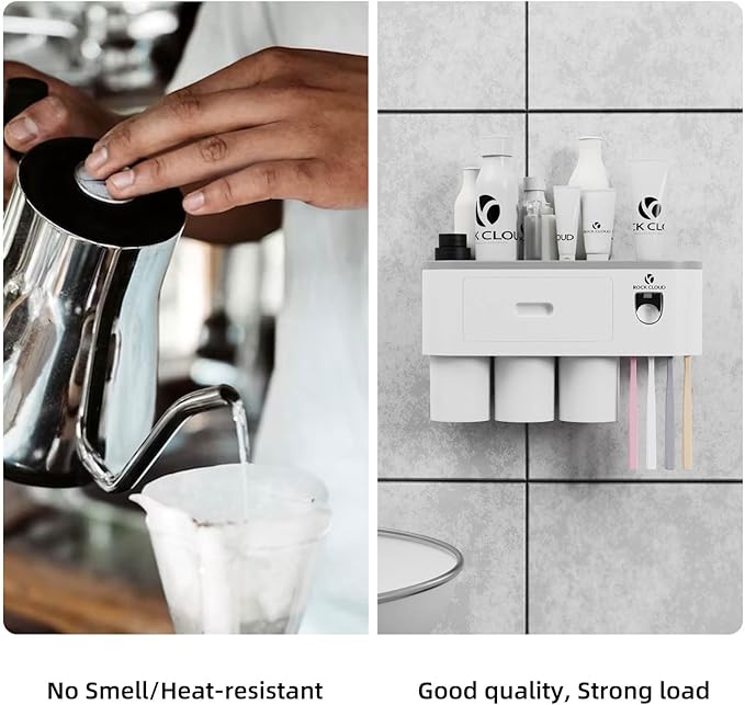 ROCK CLOUD Toothbrush Holder Wall Mounted Automatic Toothpaste Dispenser Squeezer Kit Saving Space, 4 Toothbrush Slots,2 Cups and Drawers for Bathroom