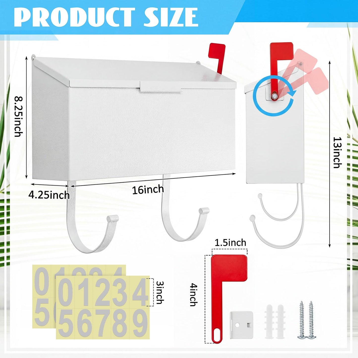 Yaocom Small Cast Wall Mount Mailbox for Outside Metal Mailbox with Newspaper Hooks Heavy Duty Rustproof Wall Mounted Galvanized Steel Post Box Large Capacity 16" x 8.25" x 4.25" (White)