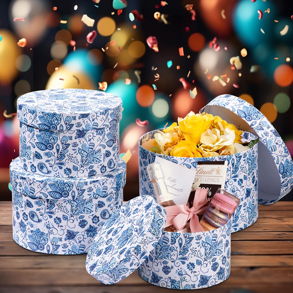 Briful Round Gift Boxes with Lids 4PCS Blue Flower Print Gift Box for Presents Nesting Assorted Sizes Present Boxes for Christmas Birthday Valentines Party Gift Wrap