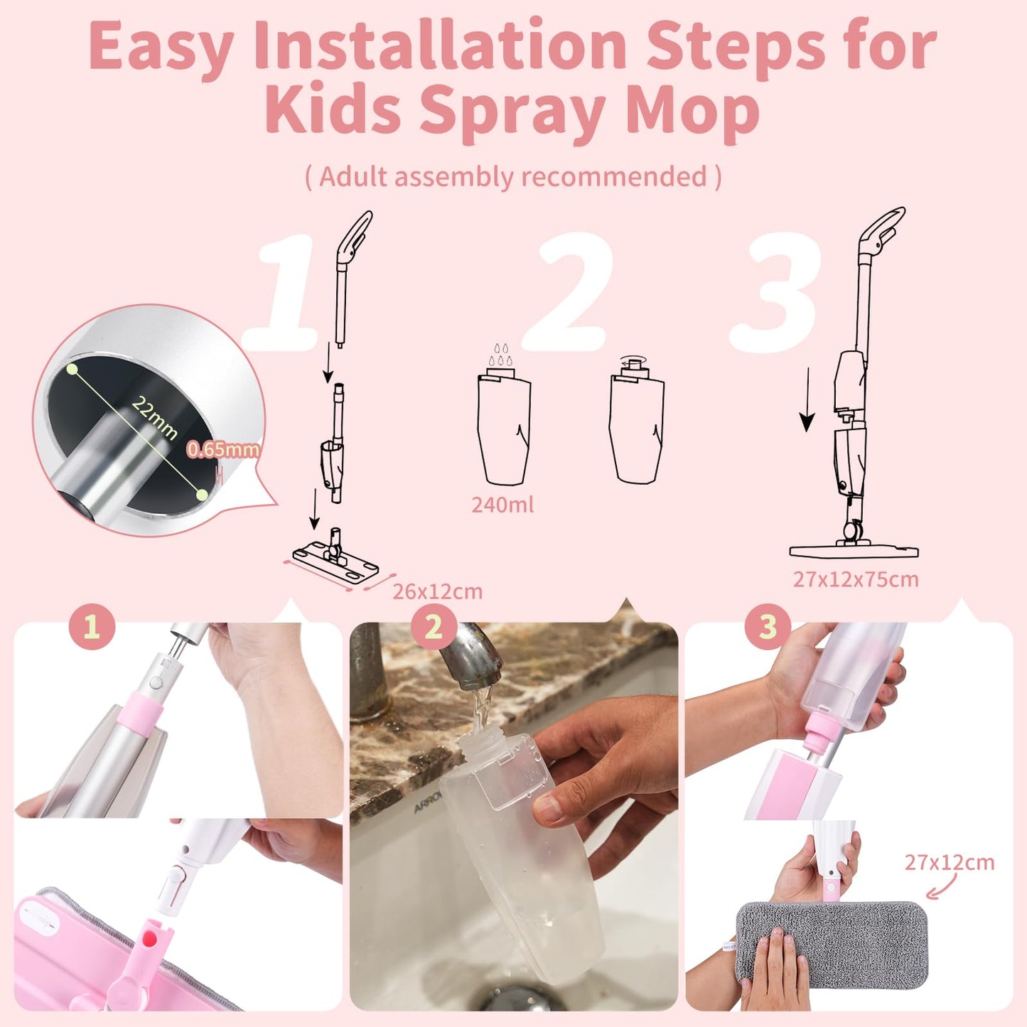 Lullulii Kids Spray Mop,Fun & Functional Toddler Cleaning Set,Real Working Mop for Floors,Pretend Play – Includes Spray Bottle, 2 Washable Microfiber Pads, Montessori Kids Cleaning Toy Set -Pink
