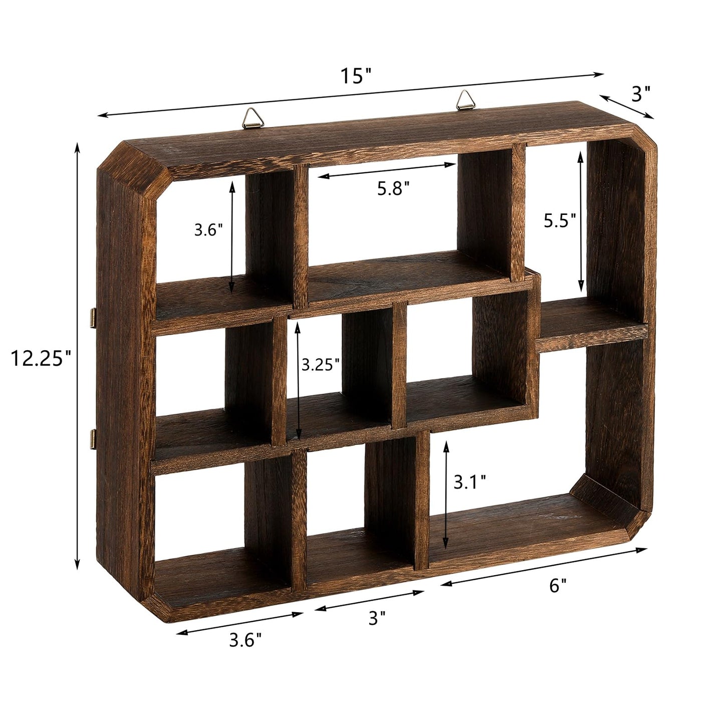 Frcctre Rustic Shadow Box Display Shelf, 9 Compartments Wood Hanging Display Floating Shelves, Multi-Slot Wall Mounted or Freestanding Farmhouse Decor Displays Case