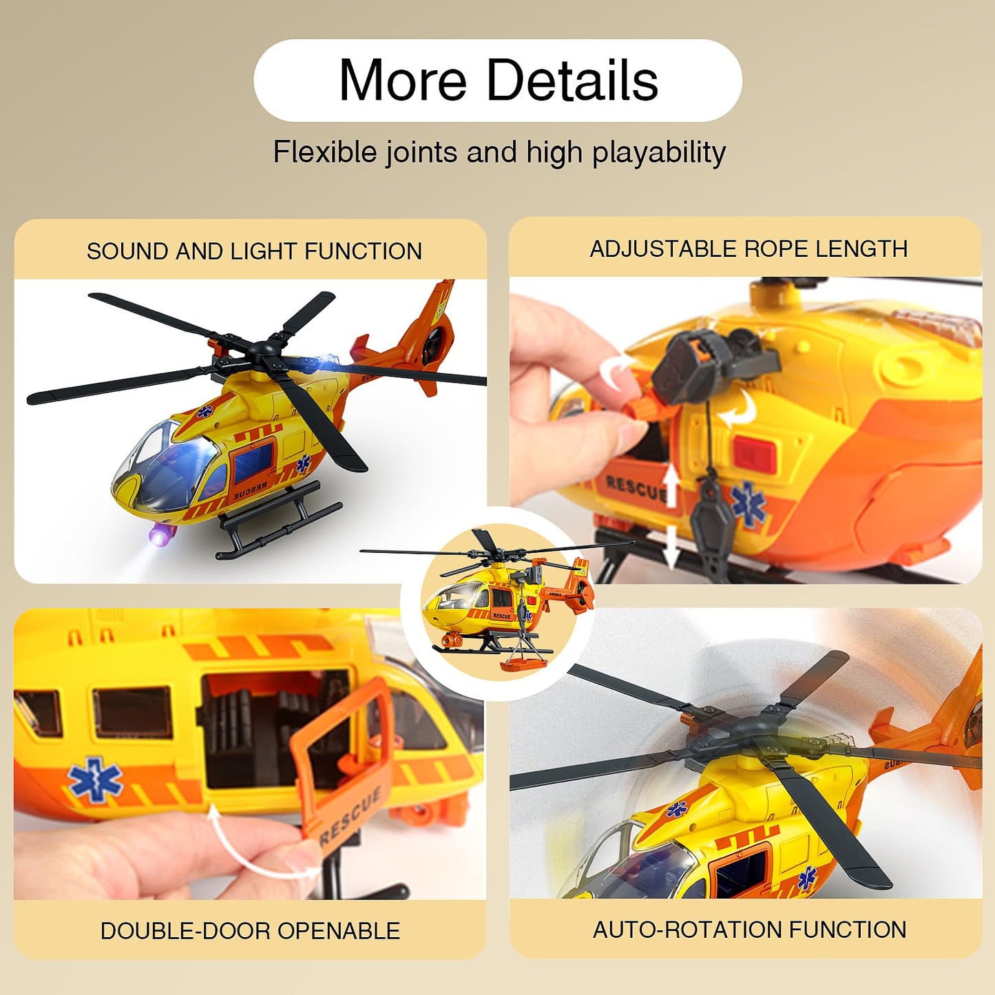 XUEXUE Large Rescue Helicopter Toy 15 Inch, Yellow Emergency Helicopter with Crane & Hanging Tray, Lights and Sounds, 112 Rescue Sign, Helicopter Toys for Kids 3-7, Birthday Gift