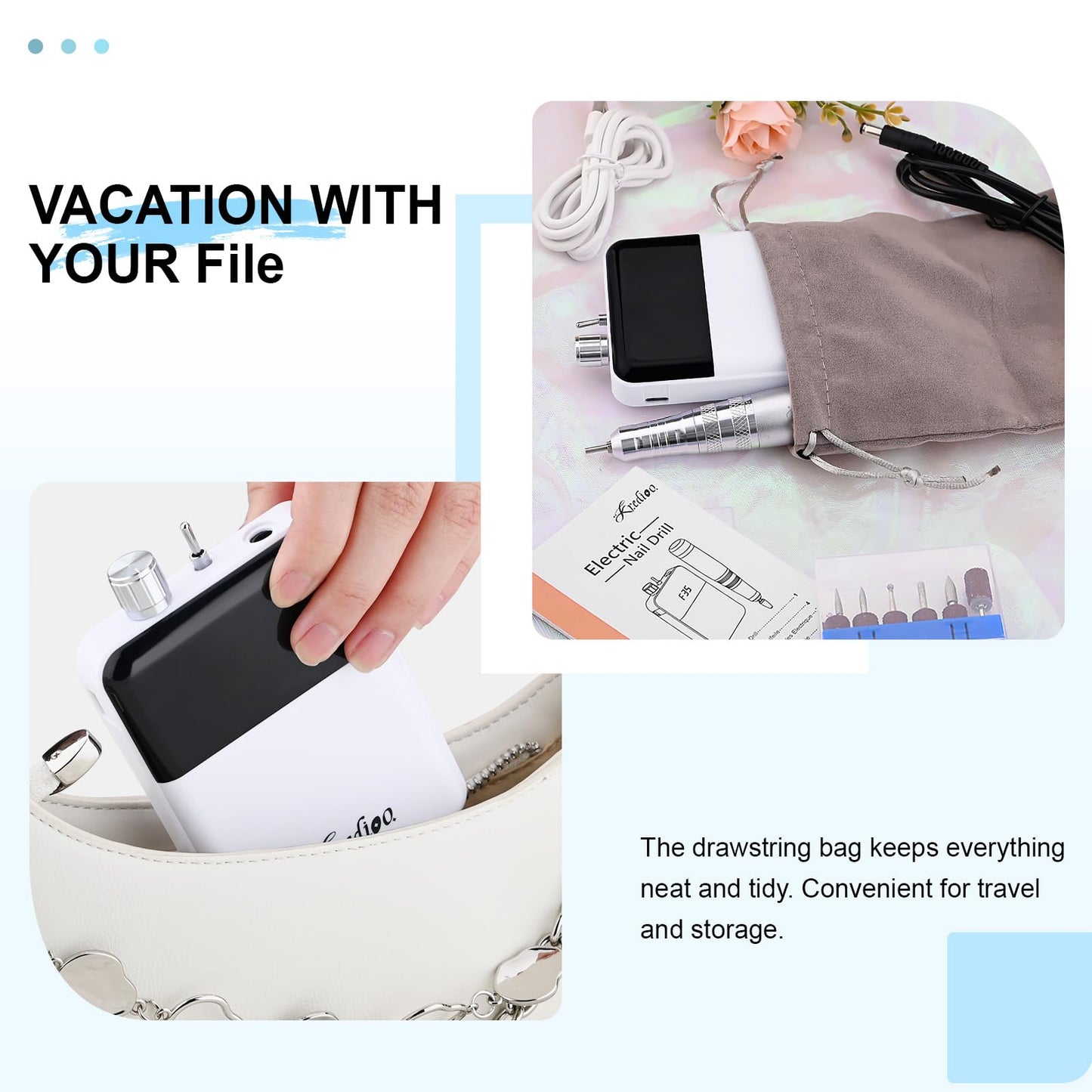 Kredioo Portable Nail Drill 35000 RPM, Rechargeable Electric Nail File E File Kit with Storage Bag Professional Manicure Kit for Nail Lovers Salon Home DIY -White