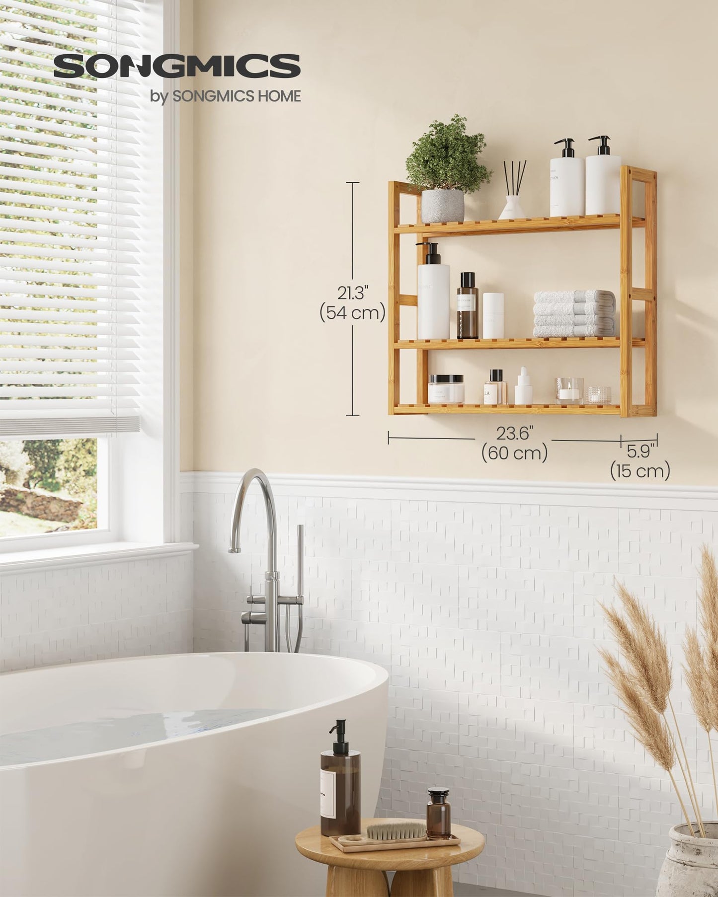 SONGMICS Bamboo Bathroom Shelf, 3-Tier Adjustable Plants Rack, Wall-Mounted or Stand, in the Living Room, Balcony, Kitchen, 5.9 x 23.6 x 21.3 Inches, Natural UBCB13Y