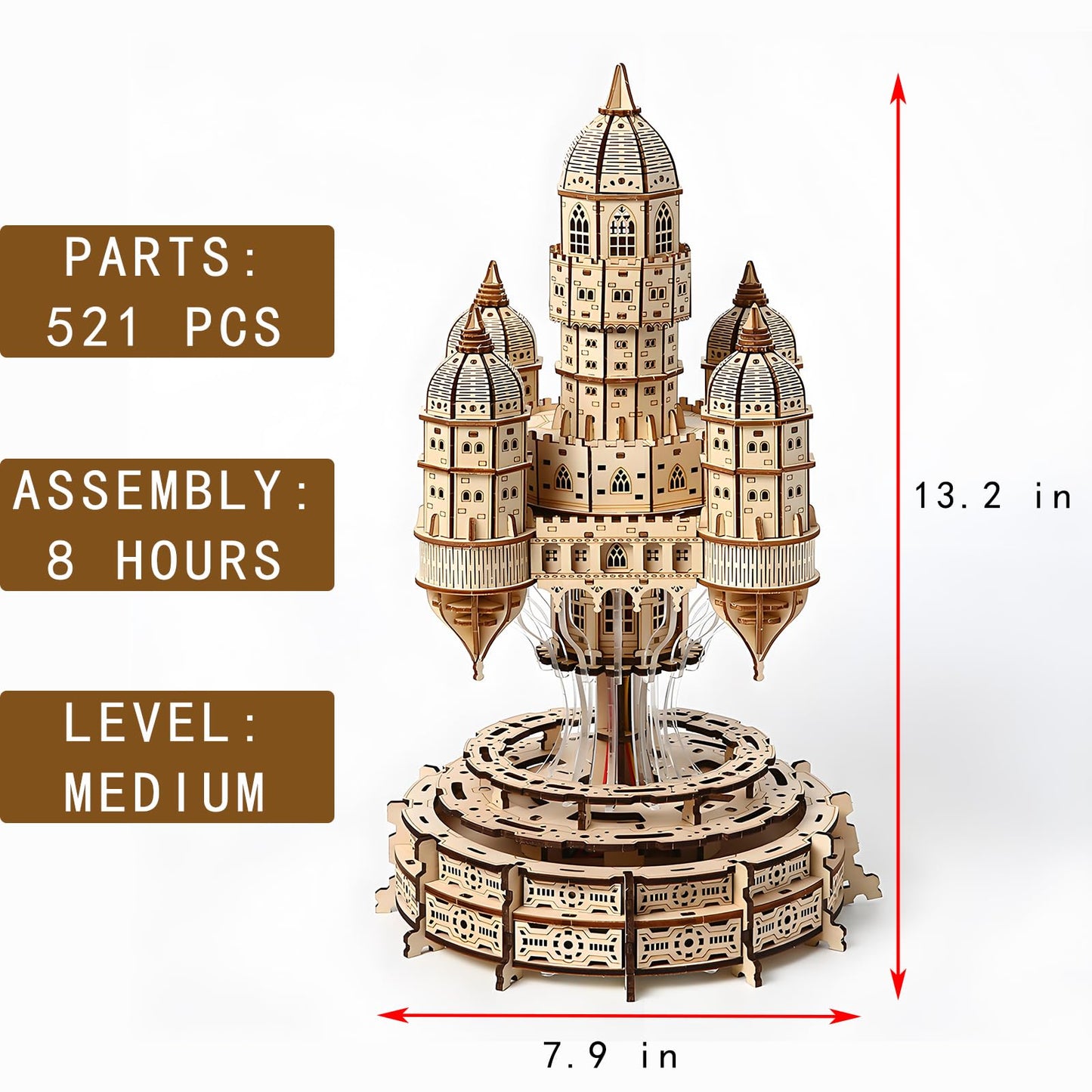 3D Wooden Puzzle for Adults Castle City in the Sky Music Box Puzzle Kit, 521 Pieces LED Light & Rotating Base DIY Mechanical Building Kit for Adults & Teens, Unique Home Decor & Creative Gift Idea