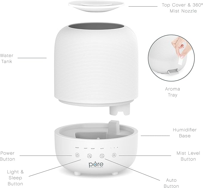 Pure Enrichment HUME Sense Top Fill Humidifier -Auto Mode Humidity Sensor, 3 Mist Settings, Patented Magnetic Suspension, Optional Night Light, Optional Aromatherapy, Sleep Mode & Auto Shut-Off