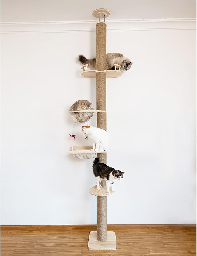 Floor to Ceiling Cat Tree Height (50-120.5in) Adjustable Cat Tower 5 Tier Hemp Scratching Post High Cat Tree Sturdy Activity Tree Indoor Outdoor Cat Scratching Post Activity Center