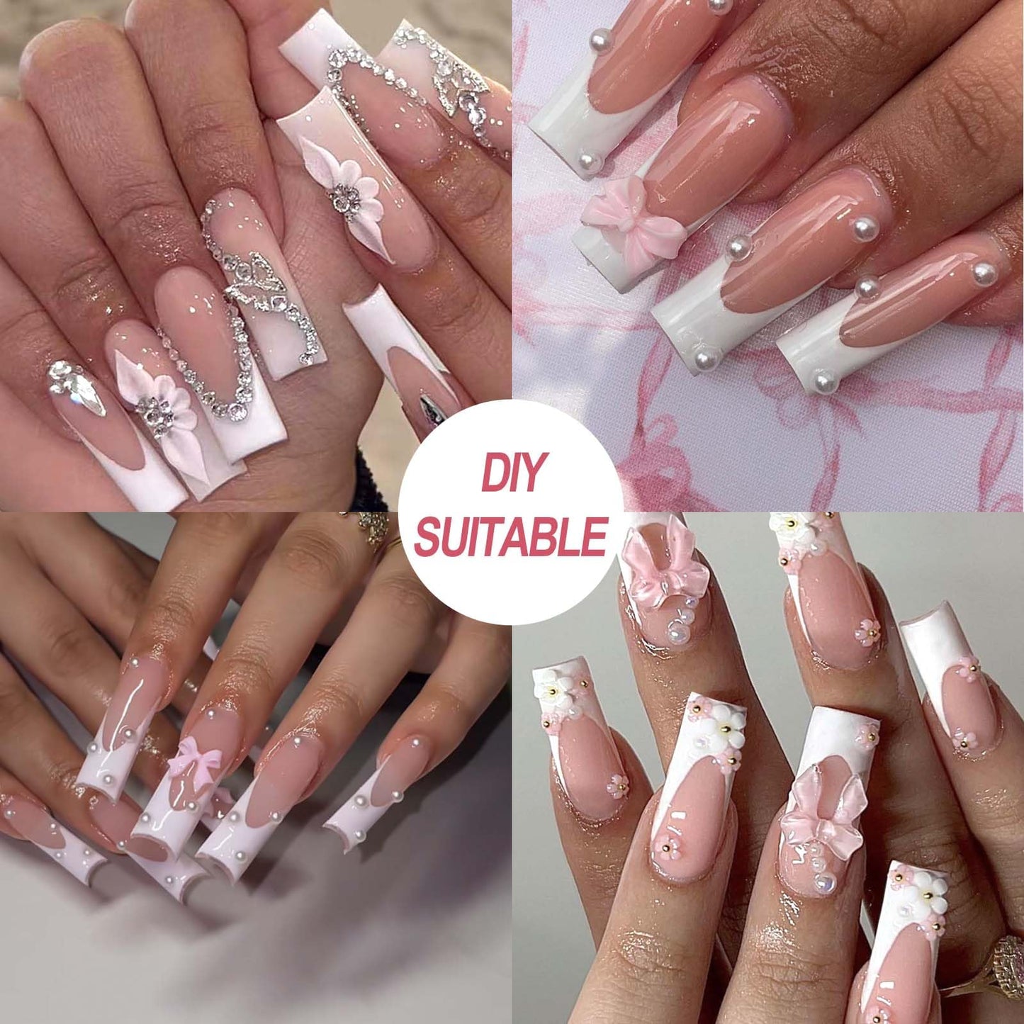 120 pcs French Tips Press on Nails Long Square Fake Nails White Tips False Nails Full Cover Acrylic Glue on Nails Coffin Nail Press ons with Adhesive Tabs for Women Manicure 12 Size