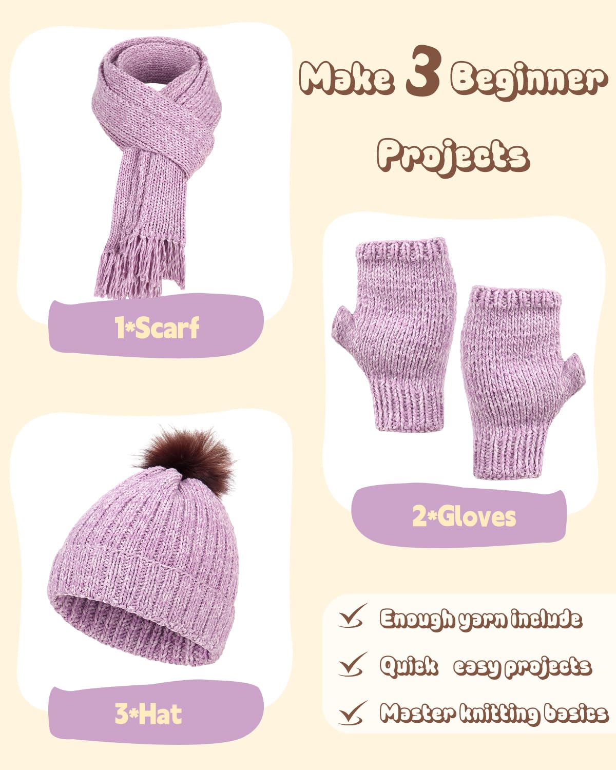 Katech Knitting Kit for Beginners Adults-Beginners Knitting Kit for Adults-Learn to Knit Kits for Adult Beginner Kids w/Step-by-Step Instruction-Complete Hat Scarf Gloves Knitting Starter Kit
