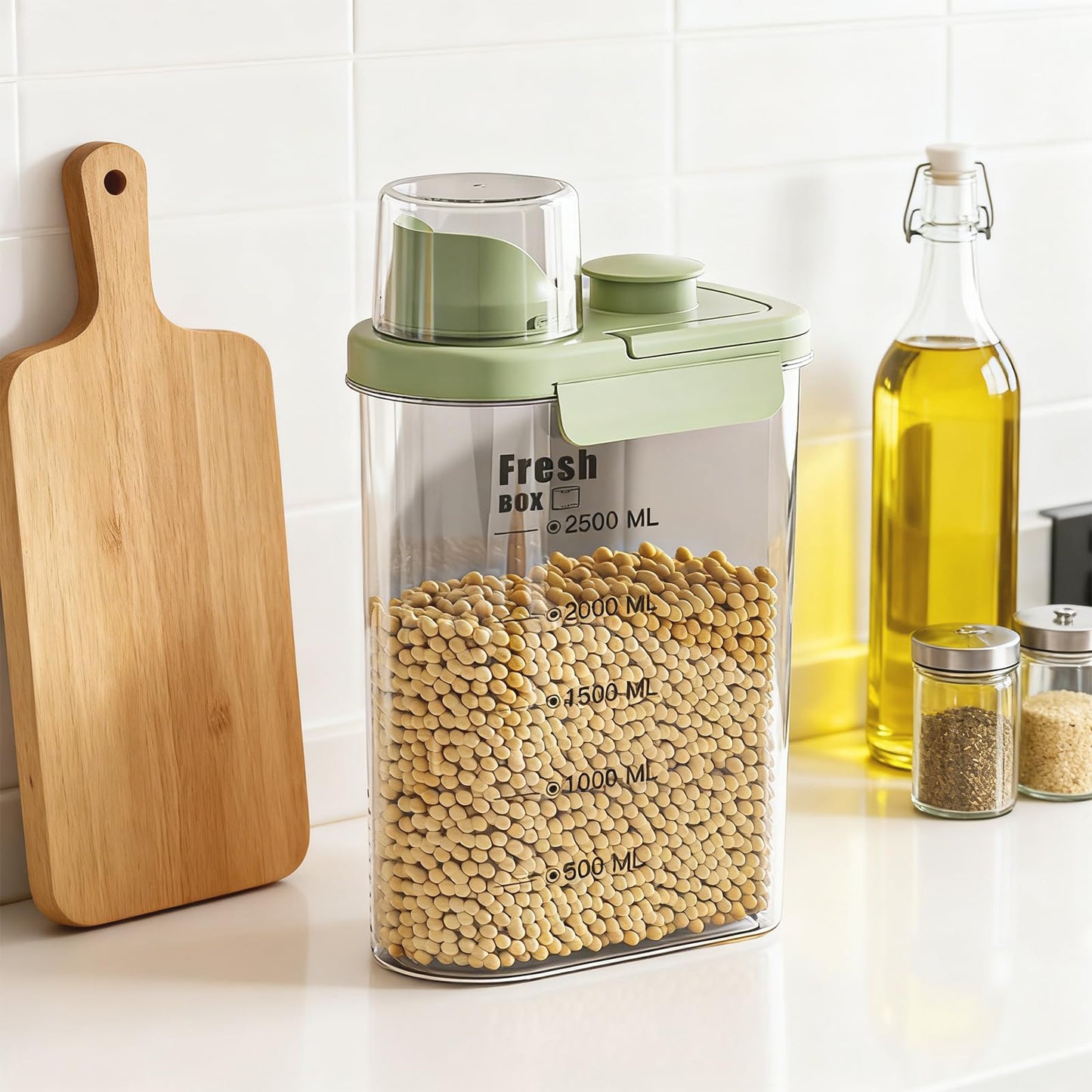 WHuaRunSen Air Tight Cereal Container Organizer-2 Pack 2.8L Food Storage Container with Outlet Measuring Cup Lid, Ideal for Dry Food, Rice, Sugar, Pet Food dispenser - BPA free（Green）